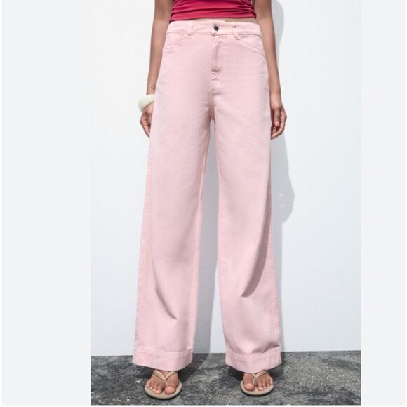 Zara Denim - Zara Womens Jeans EU 38 US 6 Wide Leg Pink High Waist Regular Fit 3078/630 NWT